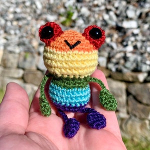 Peut inclure: Une grenouille au crochet faite à la main aux couleurs de l'arc-en-ciel. La grenouille a de grands yeux noirs, une tête rouge et orange, une section médiane jaune et un corps rayé bleu, vert et violet. La grenouille est tenue dans une main.