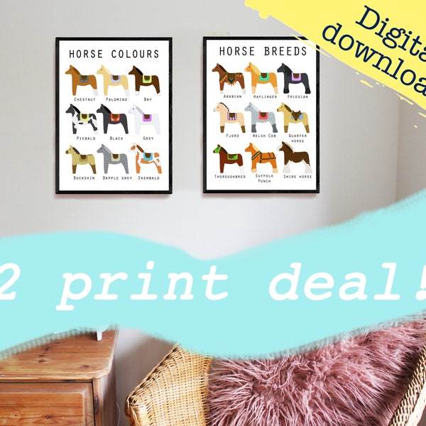 2 Print deal! Horse prints/poster set- digital download for horse lovers, pony gifts, horse bedroom decor, equestrian home decor