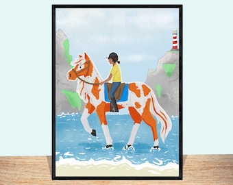Horse on beach print- pony gifts, gifts for horse lovers, horse riding equestrian poster, cute prints for kids bedroom, gifts for girls