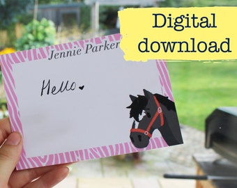 Personalised horse note cards, digital download- custom stationery for kids, horse gifts, pony stationery, gifts for horse lovers