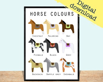 Horse colours print- dala style horse poster, horse room decor, gift for horse lovers- Digital download