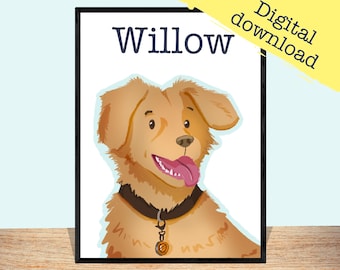 Dog pet portrait- custom illustrated dog drawing, gifts for dog lovers, pet gift, pet memorial, dog portrait- Digital download