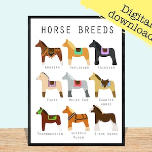Horse breeds print- dala style horse poster, horse room decor, gift for horse lovers- Digital download