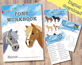 May include: A printable pony workbook with a blue and white cover featuring two cartoon ponies. The workbook includes activities such as colouring, matching, and a scavenger hunt. The text on the cover reads "Pony Workbook".