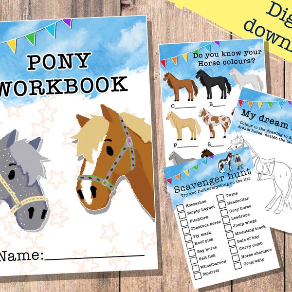 Horse workbook-illustrated digital download for pony camp, horse education, printable activity book for kids, equestrian resources