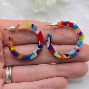 3cm small multicoloured hoop earrings, lightweight colourful statement earrings, resin hoop earrings, small hoop earrings