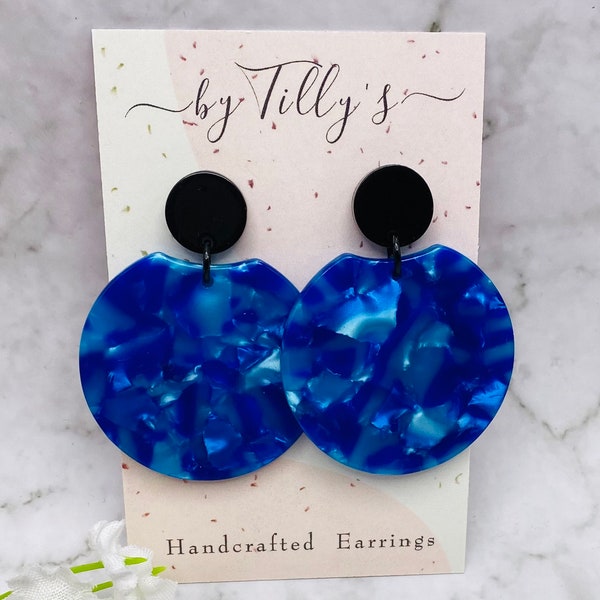 Statement earrings. Beautiful blue acetate earrings which comes with a choice of gold coloured or black studs,lightweight and hypoallergenic