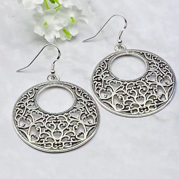 Antique silver filigree earrings - choice of titanium,925 sterling silver or metal alloy (hypoallergenic) ear hooks. Titanium Earrings