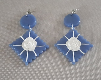 Geometric Earrings-Statement Earrings-Polymer Clay-Dangle Earrings-Blue Earrings-Floral Earrings-Romantic Earrings-Handmade Elegant Earring