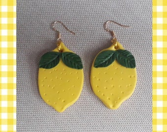 Earrings-Polymer Clay-Jewelry-Lemon Shape Earrings-Yellow Earrings-Dangle Earrings-Big Earring-Romantic Handmade Earrings-Spring Earrings