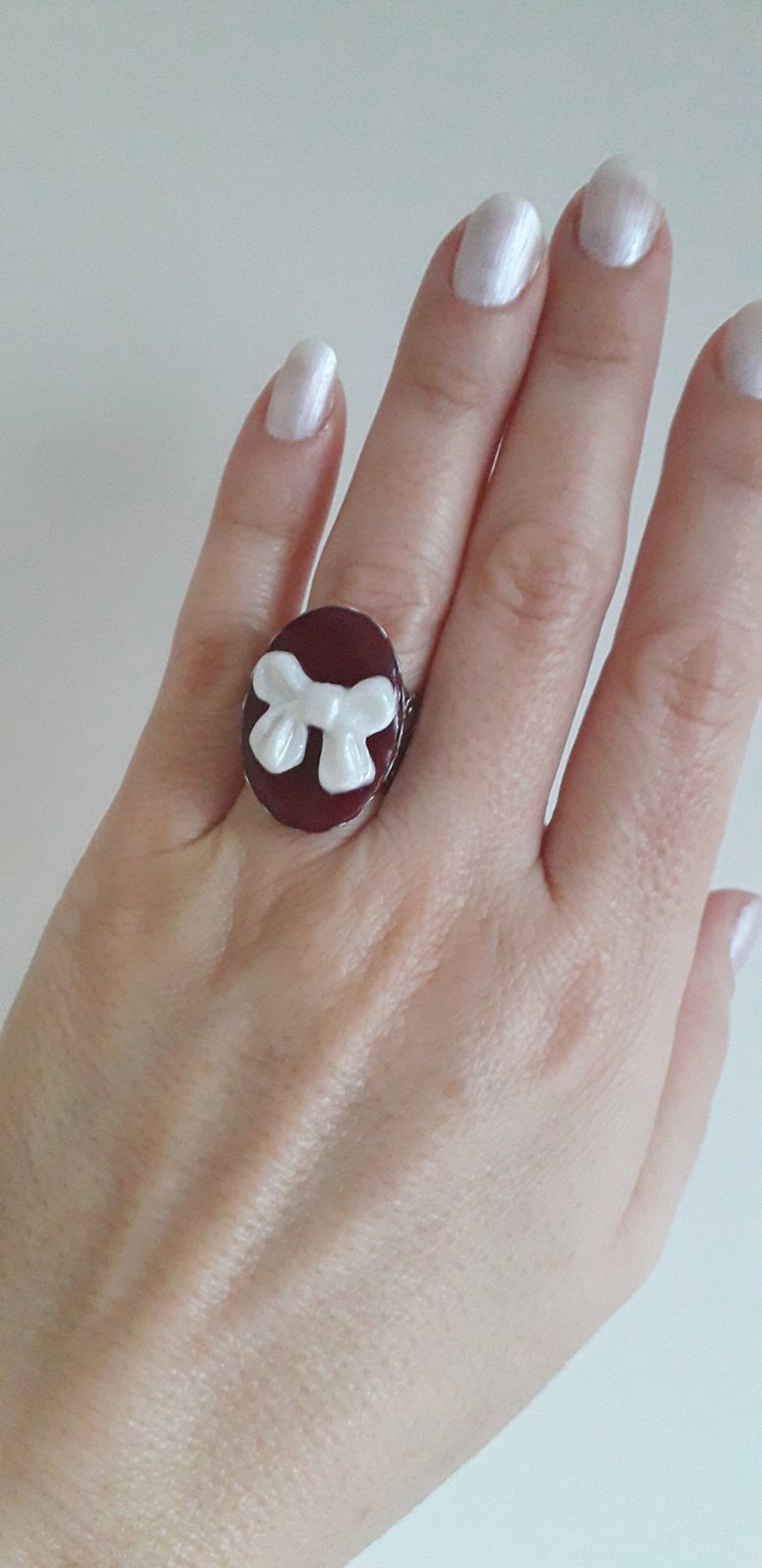 Jewelry-ring-polymer Clay-oval Ring-burgundy Ring-white Bow Ring ...