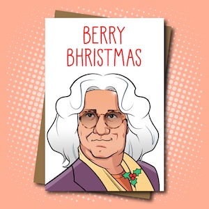 May include: A Christmas card featuring a cartoon illustration of a person with white hair and glasses. The card reads "Berry Bhristmas" in red lettering.