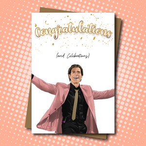 May include: A greeting card with a gold glitter background and the text "Congratulations (and Celebrations)". A man in a pink suit and black tie is shown with his arms outstretched.