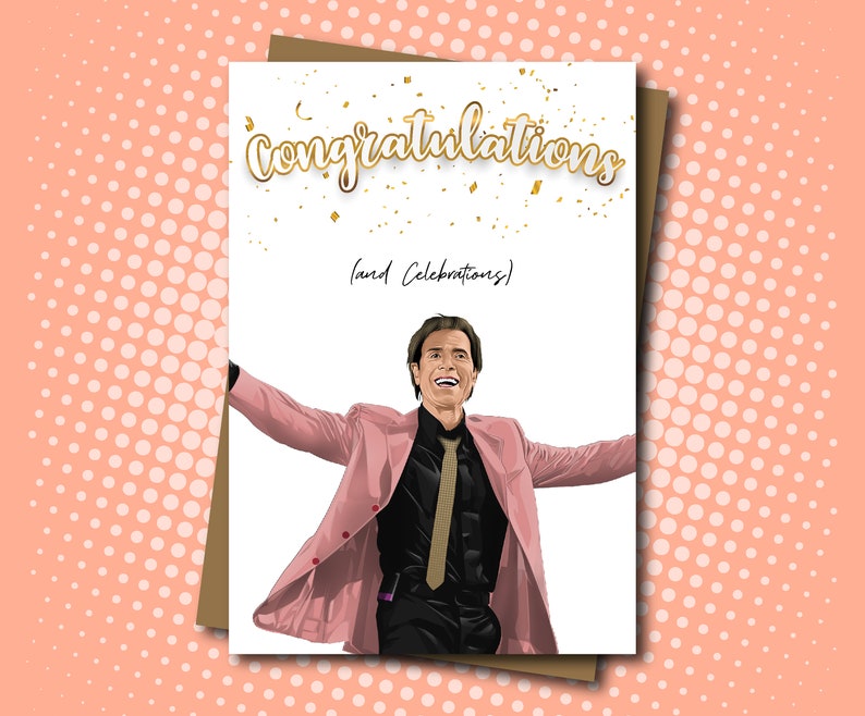 May include: A greeting card with a gold glitter background and the text "Congratulations (and Celebrations)". A man in a pink suit and black tie is shown with his arms outstretched.