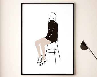 Woman line drawing, Female figure printable wall art, Woman illustration, Abstract poster, Minimalist silhouette girl, Gift for her