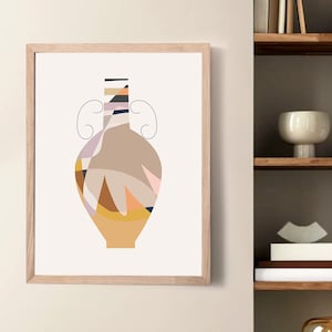 May include: A framed print of a stylized abstract vase with geometric shapes in shades of brown, pink, yellow, and blue. The vase has a white background and is surrounded by a light wood frame.