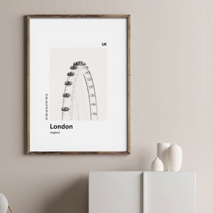Cartel imprimible LONDRES, impresión del horizonte de la ciudad, impresión del ojo moderno de Londres, impresión moderna de la ciudad, impresión en blanco y negro, regalo de viaje imagen 1