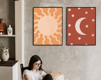 Sun and Moon Print Set: Boho Celestial Wall Art (Digital Download)