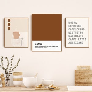Minimalist Coffee Bar Print Set of 3, Modern Kitchen Wall Decor, Coffee Lover Poster, Printable Wall Art, Coffee Quotes Print, Cafe Art
