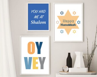 Modern Hanukkah decor set of 3 prints, Happy Hanukkah wall decorations, Modern holiday wall decor, Instant download