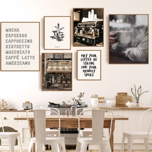 Conjunto de pôsteres de sinalização de café com 6 impressões, decoração moderna de cozinha, presente para amantes de café, conjunto de parede de galeria em preto e branco, arte de parede minimalista para impressão