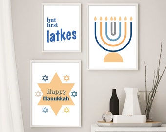 Modern Hanukkah decor set of 3 prints, Happy Hanukkah wall decorations, Modern holiday wall decor, Instant download