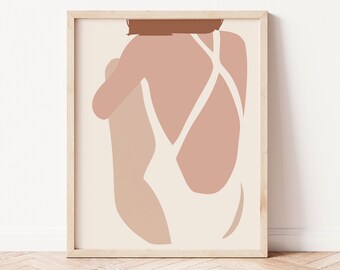 May include: Abstract art print featuring a nude figure in a white swimsuit, with a pink and beige color scheme.