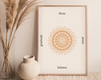 May include: A framed print with a beige background and a brown mandala design in the center. The words "focus", "gratitude", "peace", and "balance" are written around the mandala.