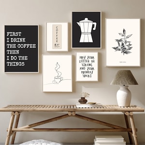 Pôster de sinalização de bar de café, conjunto de 6 impressões, decoração de cozinha moderna, presente para amantes de café, conjunto de parede de galeria em preto e branco, arte minimalista para impressão