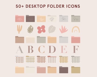 May include: 50+ neutral aesthetic desktop folder icons with various designs including flowers, leaves, geometric shapes, and letters. The icons are in shades of brown, beige, pink, and gray.