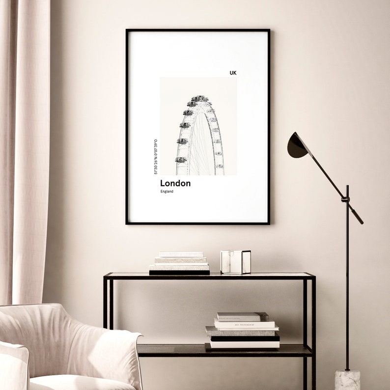 Cartel imprimible LONDRES, impresión del horizonte de la ciudad, impresión del ojo moderno de Londres, impresión moderna de la ciudad, impresión en blanco y negro, regalo de viaje imagen 4