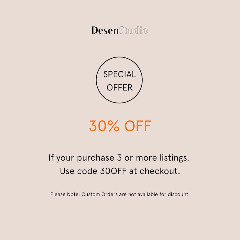 Puede incluir: Un gr&aacute;fico con un c&iacute;rculo negro que contiene el texto "SPECIAL OFFER" y el texto "30% OFF" debajo. El texto debajo del gr&aacute;fico dice "Si compras 3 o m&aacute;s listados. Usa el c&oacute;digo 30OFF al finalizar la compra. Ten en cuenta: Los pedidos personalizados no est&aacute;n disponibles para el descuento."