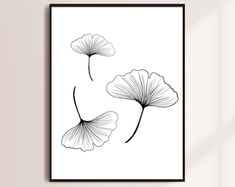 Gingko Leaves Black and White Art Print, Modern Gingko Leaf Art Print, Minimalist Printable Wall Art, Japandi Decor, Scandinavian Art