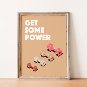 May include: A motivational poster with the text "GET SOME POWER" in white letters on a light brown background. Five dumbbells of different sizes and colors are arranged in a diagonal line, with the largest dumbbell at the top and the smallest at the bottom. The dumbbells are labeled with their weights in pounds.