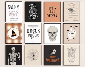 May include: A set of ten printable Halloween-themed digital art prints. The prints feature various spooky designs, including a witch's hat, a skull, a spider web, and a ghost. The prints are perfect for decorating your home for Halloween.