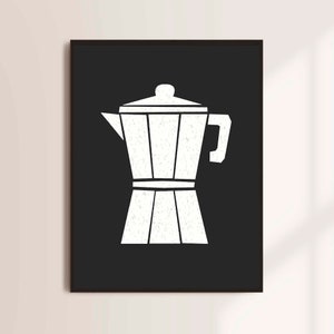 Può includere: Una silhouette bianca di una caffettiera su uno sfondo nero.