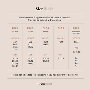 May include: Size guide for printable digital art files. The guide shows five different file sizes in inches and centimeters, including international paper sizes like A3, A4, A5, and A6.