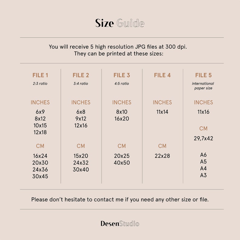 May include: Size guide for printable digital art files. The guide shows five different file sizes in inches and centimeters, including international paper sizes like A3, A4, A5, and A6.