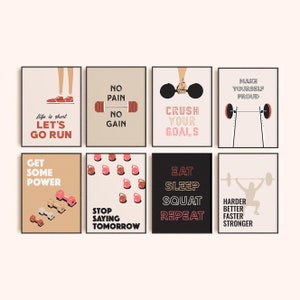 May include: Set of eight printable motivational fitness posters with black and white backgrounds and red and white text. The posters feature various fitness quotes and images, such as dumbbells, kettlebells, and a person lifting weights.