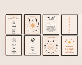 Op de afbeelding: Set van acht printbare wandposters met een beige achtergrond en zwarte contouren. De posters tonen yogaposes, de acht ledematen van yoga, de yamas, de niyamas en inspirerende citaten. De posters hebben een minimalistische esthetiek met een zon- en maanmotief.