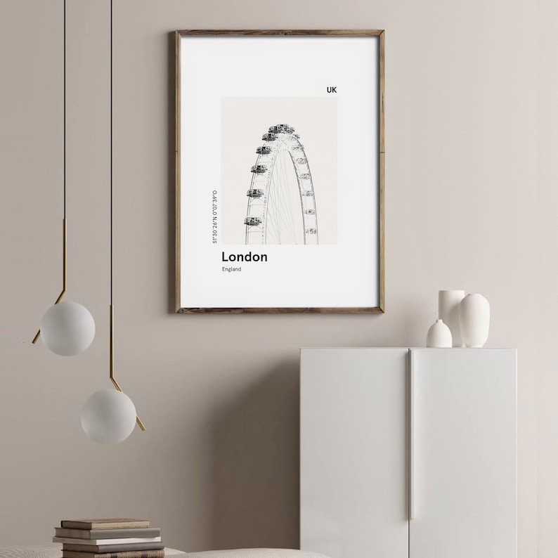 Cartel imprimible LONDRES, impresión del horizonte de la ciudad, impresión del ojo moderno de Londres, impresión moderna de la ciudad, impresión en blanco y negro, regalo de viaje imagen 1