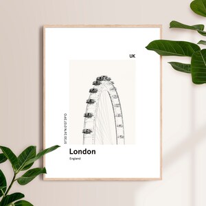 Cartel imprimible LONDRES, impresión del horizonte de la ciudad, impresión del ojo moderno de Londres, impresión moderna de la ciudad, impresión en blanco y negro, regalo de viaje imagen 7