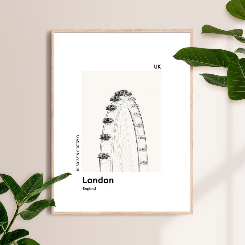 Cartel imprimible LONDRES, impresión del horizonte de la ciudad, impresión del ojo moderno de Londres, impresión moderna de la ciudad, impresión en blanco y negro, regalo de viaje imagen 7