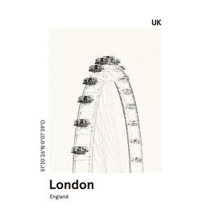 Cartel imprimible LONDRES, impresión del horizonte de la ciudad, impresión del ojo moderno de Londres, impresión moderna de la ciudad, impresión en blanco y negro, regalo de viaje imagen 8