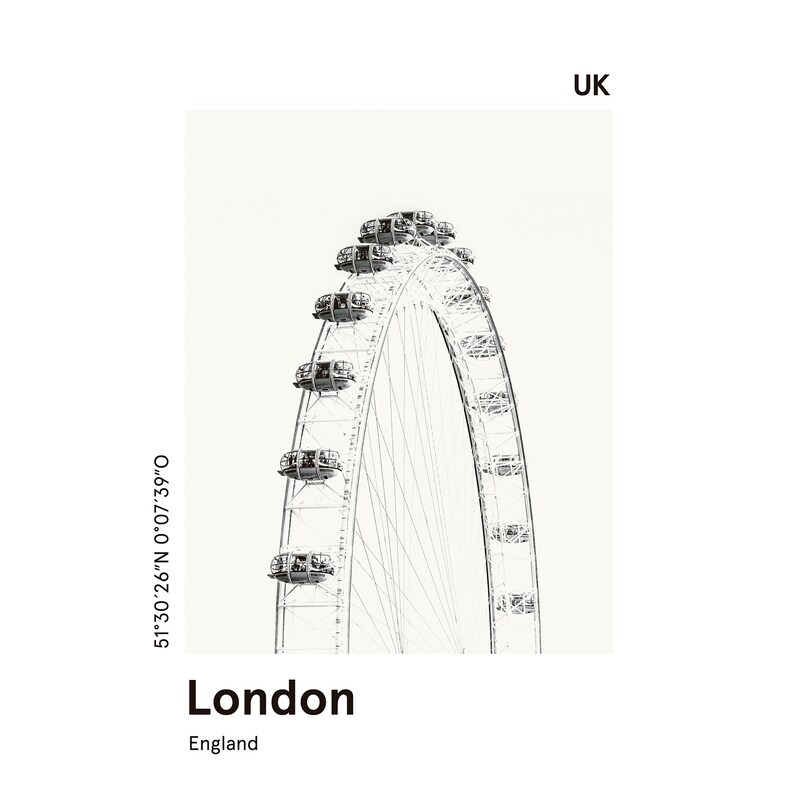 Cartel imprimible LONDRES, impresión del horizonte de la ciudad, impresión del ojo moderno de Londres, impresión moderna de la ciudad, impresión en blanco y negro, regalo de viaje imagen 8