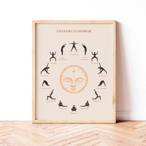 Moon Salutation, Yoga Art Print, Yoga Poses Poster, Chandra Namaskar, Boho Decor, Printable Wall Art, Yoga Lover Gift, Instant Download