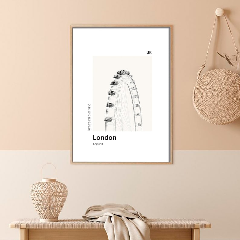Cartel imprimible LONDRES, impresión del horizonte de la ciudad, impresión del ojo moderno de Londres, impresión moderna de la ciudad, impresión en blanco y negro, regalo de viaje imagen 6
