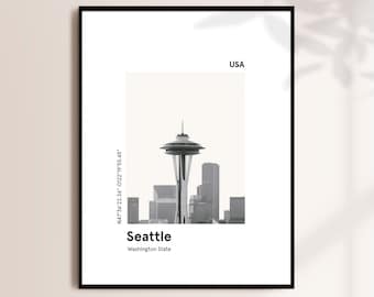 Cartel de SEATTLE, minimalista Seattle Washington impresión, impresión moderna de la ciudad, arte de la pared de Seattle, impresión de arte del horizonte mínimo, regalo de viaje