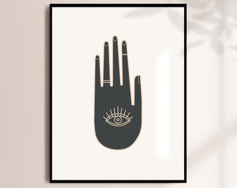 Hamsa Hand Evil Eye Print: Beige & Black Boho Decor (Instant Download)