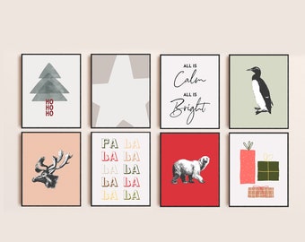 May include: Set of eight printable Christmas-themed illustrations. The illustrations feature a penguin, a polar bear, a reindeer, a star, a Christmas tree, a gift, and two text-based illustrations that say "Ho Ho Ho" and "Fa La La La La La".